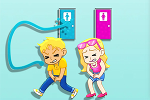 青い背景にトイレのドアの前で困っている様子の男の子と女の子のイラスト。