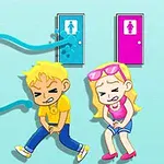 青い背景にトイレのドアの前で困っている様子の男の子と女の子のイラスト。