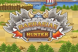 荒野の中、斧と盾を組み合わせた飾りに「BARBARIAN HUNTER」と書かれた紋章。