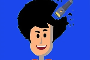 青い背景に、アフロヘアの人物がバリカンで髪を刈られているイラスト。
