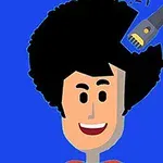 青い背景に、アフロヘアの人物がバリカンで髪を刈られているイラスト。