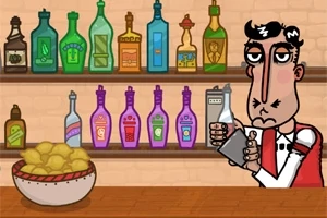 カラフルなボトルが並ぶ棚と、シェイカーを持つバーテンダーが描かれたイラスト。