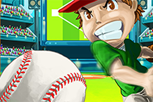 野球場で野球帽をかぶったキャラクターがスイングし、大きな野球ボールが近くにあるイラスト。