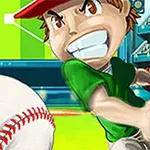野球場で野球帽をかぶったキャラクターがスイングし、大きな野球ボールが近くにあるイラスト。