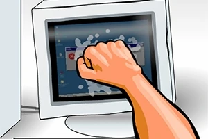 拳でCRTモニターを叩いているイラスト。