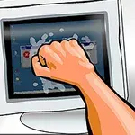 拳でCRTモニターを叩いているイラスト。