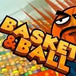 擬人化された表情豊かなバスケットボールがゴールに向かうイラストと、「BASKET & BALL」の文字。