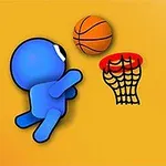 青いキャラクターがバスケットボールのシュートをする姿。