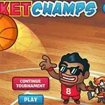 バスケットボールをゴールに投げ入れる赤いユニフォームのキャラクターと小さな仲間が描かれたカラフルなイラスト。