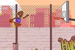 バスケットボールのユニフォームを着たキャラクターがリングにダンクシュートをしているピクセルアートのシーン。