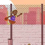 バスケットボールのユニフォームを着たキャラクターがリングにダンクシュートをしているピクセルアートのシーン。