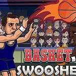 漫画スタイルのバスケットボール選手がスタジアムで試合中に炎を纏ったボールを投げている。