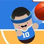 青いユニフォームとヘッドバンドを着けたキャラクターがバスケットボールを持ってゴールに向かっている。