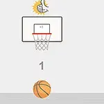 バスケットボールのゴールにネットとその手前にバスケットボールがあるシンプルなイラスト。