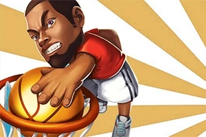 バスケットボールをダンクする男性キャラクターのイラスト。
