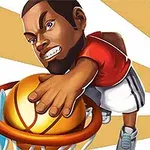 バスケットボールをダンクする男性キャラクターのイラスト。