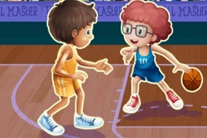 バスケットボールコートで対戦している2人のアニメ風キャラクター。