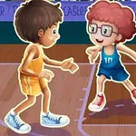 バスケットボールコートで対戦している2人のアニメ風キャラクター。