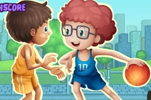 2人の子供がバスケットボールをしているイラスト。