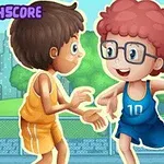 2人の子供がバスケットボールをしているイラスト。
