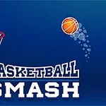 青い背景にバスケットボールのゴールとボール、そして「BASKETBALL SMASH」という文字が配置された画像。