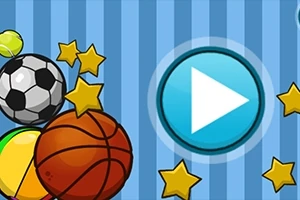 青い縞模様の背景に、サッカーボール、バスケットボール、星、再生ボタンが描かれています。