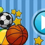青い縞模様の背景に、サッカーボール、バスケットボール、星、再生ボタンが描かれています。