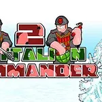 2人の兵士が武器を持ってロゴの上に立っているイラスト。