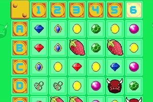 緑色のグリッドには、数字、宝石、果物、モンスターなどのカラフルなアイコンが並んでいる。