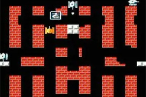 赤いレンガの迷路に配置された戦車と白いヒマワリのマークがあるシンプルなレトロゲームのスクリーンショット。