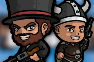 2人の漫画風のキャラクターが銃を持ち、一人はシルクハット、もう一人はバイキングのヘルメットをかぶっている。