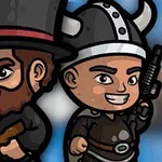 2人の漫画風のキャラクターが銃を持ち、一人はシルクハット、もう一人はバイキングのヘルメットをかぶっている。