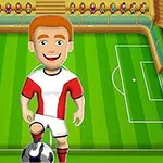 サッカーユニフォームを着たアニメキャラクターがサッカーボールの上に足を乗せているスタジアムのイラスト。