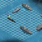 海上に配置されたグリッド上に、複数の軍艦と潜水艦が描かれている。