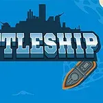 青い背景に戦艦のシルエットと「BATTLESHIP」の文字、右下に小さな船のイラスト。