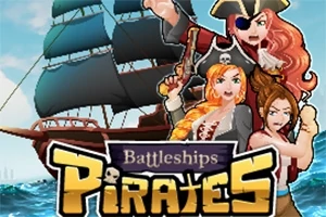 海賊姿の3人の女性が帆船の前に立ち、テキスト「Battleships Pirates」が前面に表示されている。