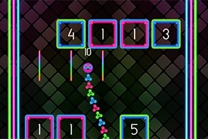 カラフルな数字が表示されたブロックと虹色のボール、矢印が描かれたグラフィック。