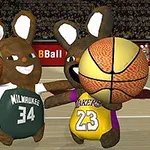 バスケットボールを持ったウサギのキャラクターが、緑のユニフォームと紫のユニフォームを着ているアニメーション。