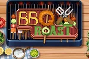 グリルの上に「BBQ ROAST」と書かれた文字とバーベキュー用具、野菜やソーセージが並んでいる。
