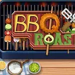 グリルの上に「BBQ ROAST」と書かれた文字とバーベキュー用具、野菜やソーセージが並んでいる。