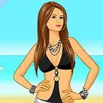 ビーチを背景に黒いビキニを着た女性がポーズをとっているイラスト。