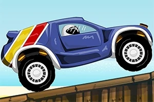 青いラリーカーがジャンプしながら木製の橋を渡っているイラスト。