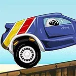 青いラリーカーがジャンプしながら木製の橋を渡っているイラスト。