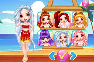 ビーチ背景で7人のカラフルな髪の人形キャラクターが表示されています。