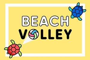 3匹のカラフルなカメとバレーボールが描かれた黄色い背景に「BEACH VOLLEY」という文字。