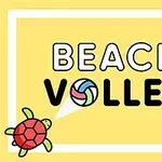 3匹のカラフルなカメとバレーボールが描かれた黄色い背景に「BEACH VOLLEY」という文字。