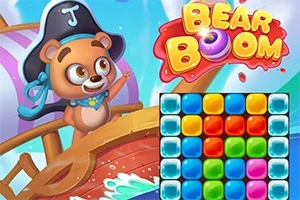 海賊帽をかぶったクマが船に乗っており、カラフルなブロックのパズルと「BEAR BOOM」のロゴが表示されているイラスト。