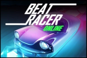 紫と青のスポーツカーの上に「BEAT RACER ONLINE」という文字が配置されているデジタルアート。