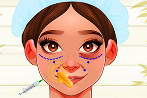 青い手術帽を被った女性の顔に、青い点や線が描かれており、注射器と黄色い矢印が表示されている。