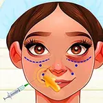 青い手術帽を被った女性の顔に、青い点や線が描かれており、注射器と黄色い矢印が表示されている。